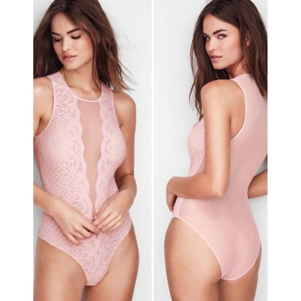Victoria's Secret Pink Floral Lace Mesh High Neck Bodysuit Sleeveless Medium